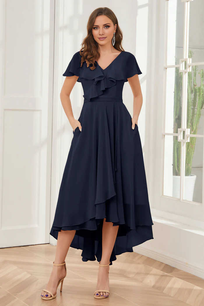 V-neck high-low short sleeved tea long bridesmaid dress