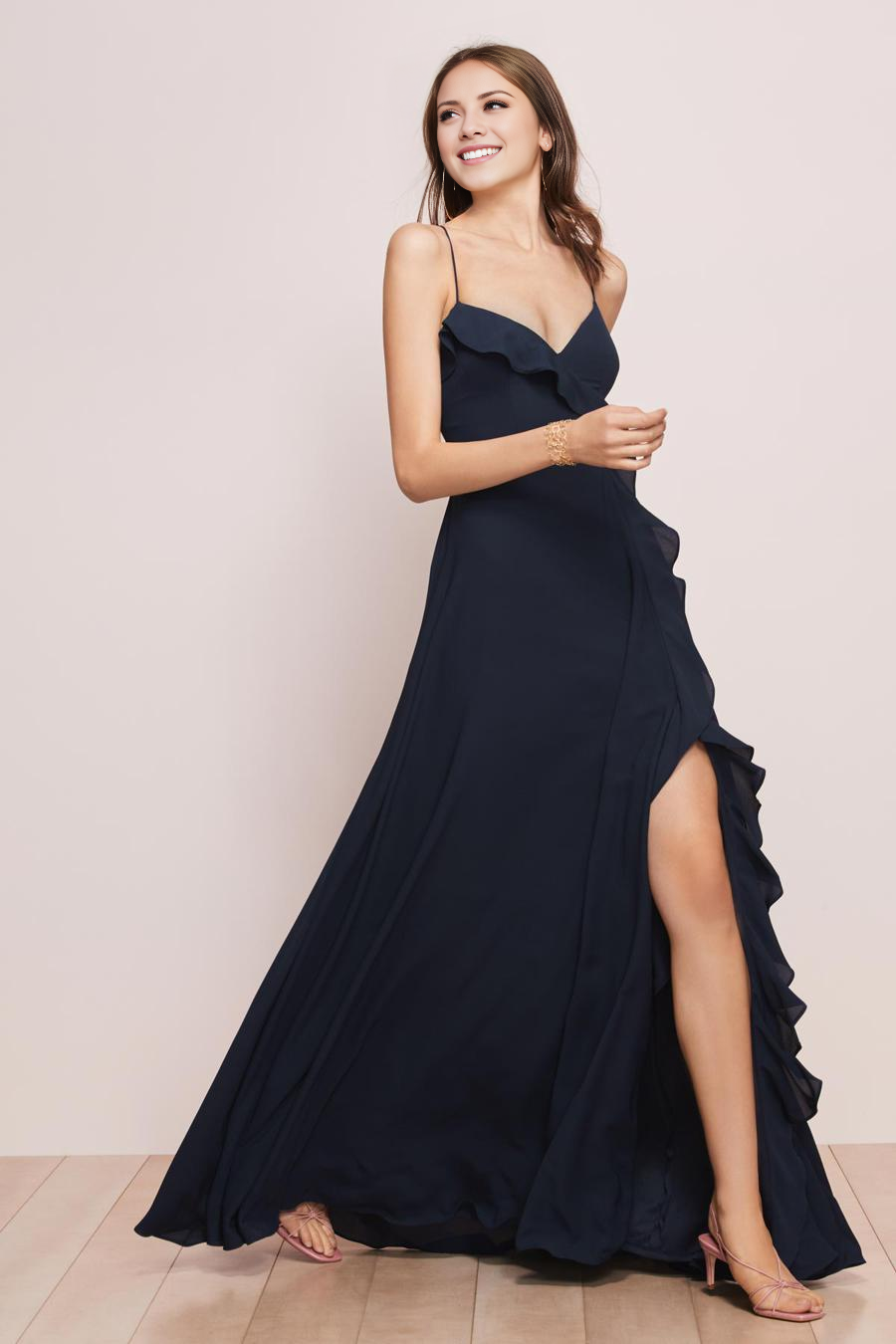 Vestido de noche Jimiss con escote en V, tirantes finos, sin mangas, abertura lateral y largo hasta el suelo