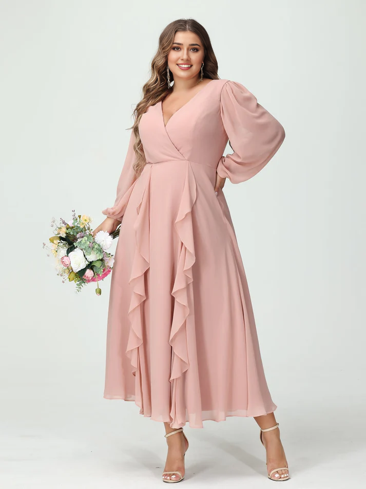 Chiffon Long-Sleeve V-Neck Ruffled Wrap Bodice High-Low A-Line Floor-Length Elegant Bridesmaid Dress
