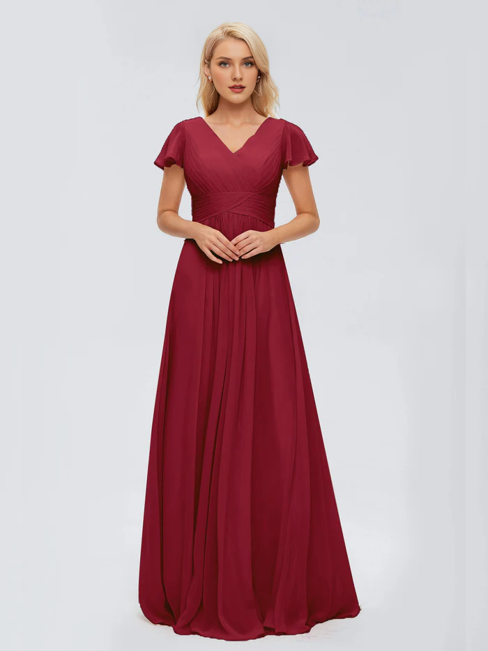 Burgundy Chiffon A-Line Floor-Length Bridesmaid Dress with Ruched V-Neck & Flutter Sleeves