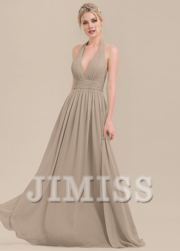 Vestido de dama de honor de gasa con volantes, corte A, cuello halter y largo hasta el suelo