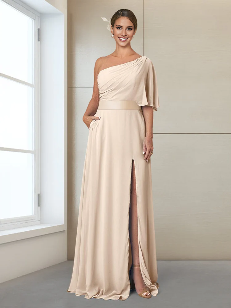 Champagne Chiffon One Shoulder A-Line Floor-Length Dress with Draped Bodice