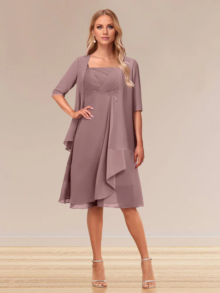 Dusty Rose Chiffon A-Line Tea-Length Mother of the Bride Dress with Pleated Bodice