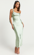 Sage Green Satin One Shoulder Cowl Neck Ankle-Length Bridesmaid Dress
