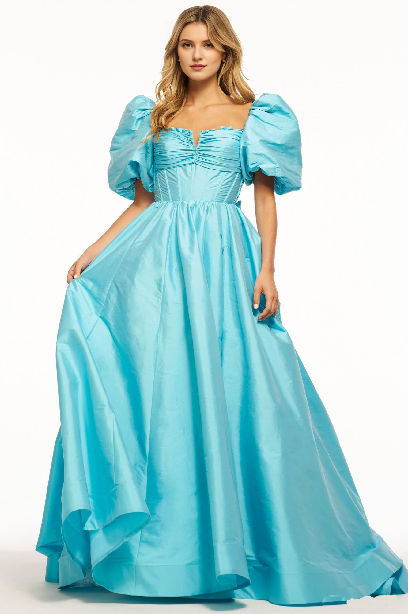 Vestido de fiesta largo hasta el suelo con mangas farol y corsé ajustado de satén 