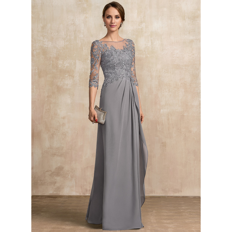 Grey Chiffon A-Line Floor-Length Mother Of The Bride Dress