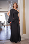Black One Shoulder Jersey Sheath/Column Floor-Length Dress with Beaded Waist