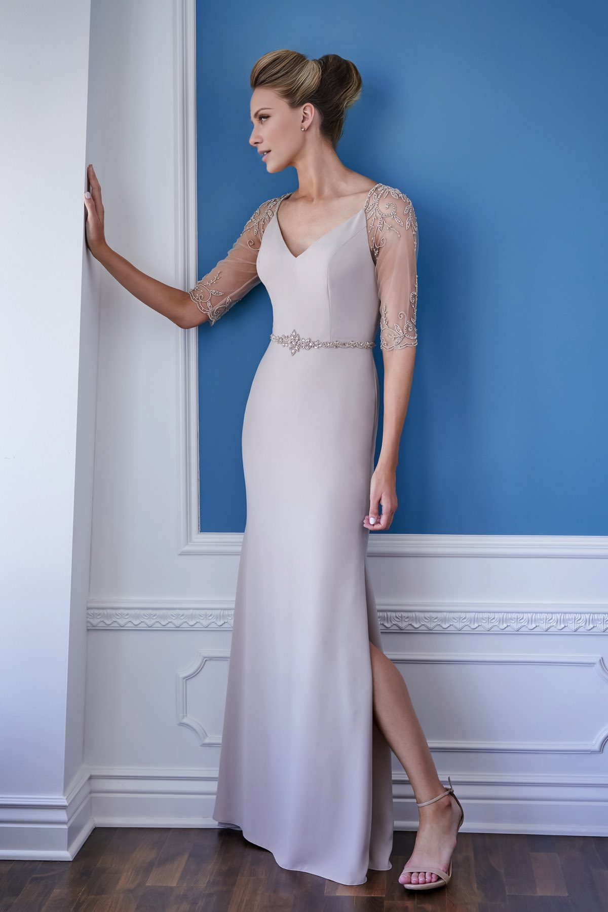 Champagne Satin Sheath/column Floor-Length with V-Neck, Embellished Illusion Sleeves & Rhinestone Belt