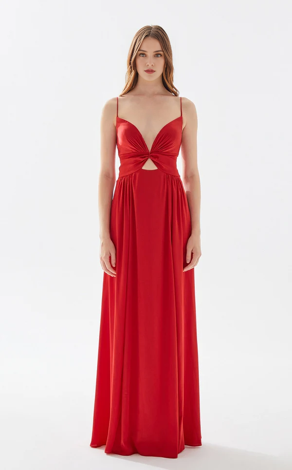 Vestido de noche con escote en V profundo, corte A, tirantes finos y largo hasta el suelo