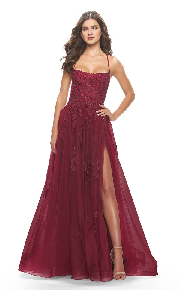 Burgundy A-Line Floor-Length Evening Dress with Sweetheart Neckline, Embroidered Bodice & Tulle High Slit