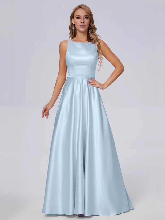 Sleeveless satin long and floor length bridesmaid dress