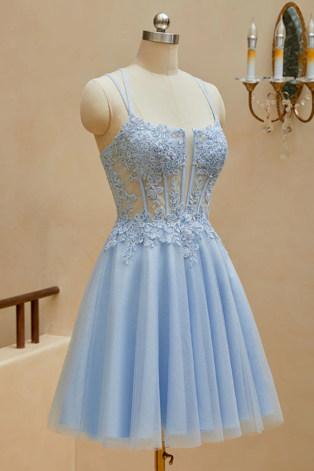 Sky Blue Tulle A-Line Short Dress with Lace Applique V-Neck Bodice and Glitter Skirt