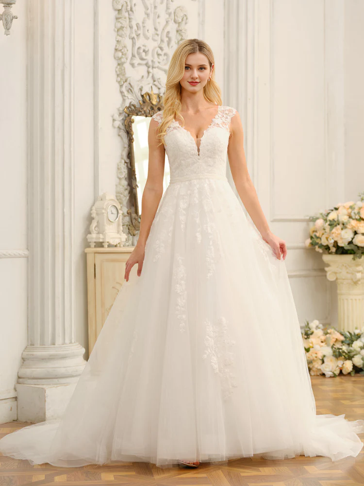 Vestido de novia largo con escote en V, sin mangas, con apliques y cuentas