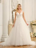 Vestido de novia largo con escote en V, sin mangas, con apliques y cuentas