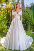 Vestido de novia largo hasta el suelo con corsé ajustado y cuello de hombros descubiertos de satén