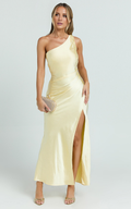 Vestido de fiesta Jimiss con escote asimétrico, hombros descubiertos, sin mangas, espalda descubierta, abertura lateral y largo hasta el suelo