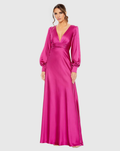 Vestido de noche largo hasta el suelo de satén con cuello en V y manga larga