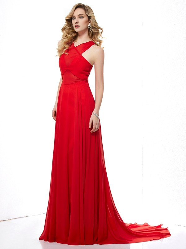 Abito lungo in chiffon senza maniche con scollo a V/principessa