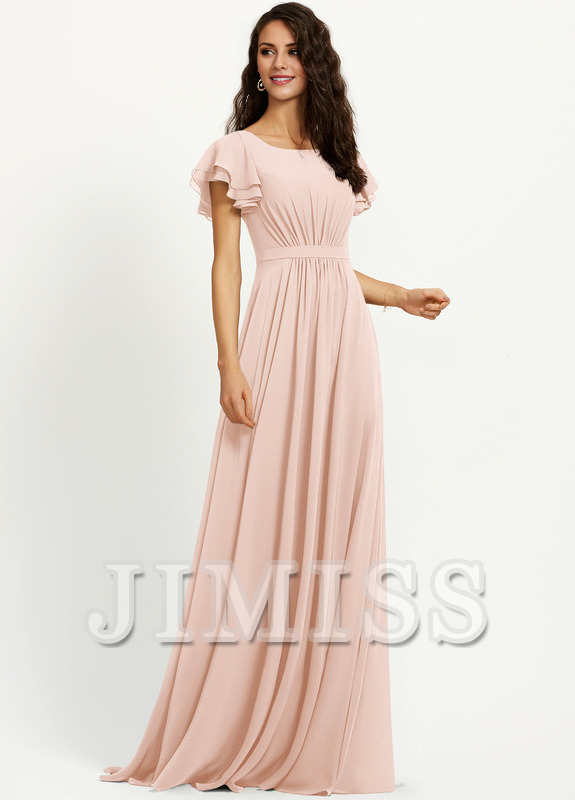 Vestido de dama de honor de gasa con escote redondo y volantes en forma de A