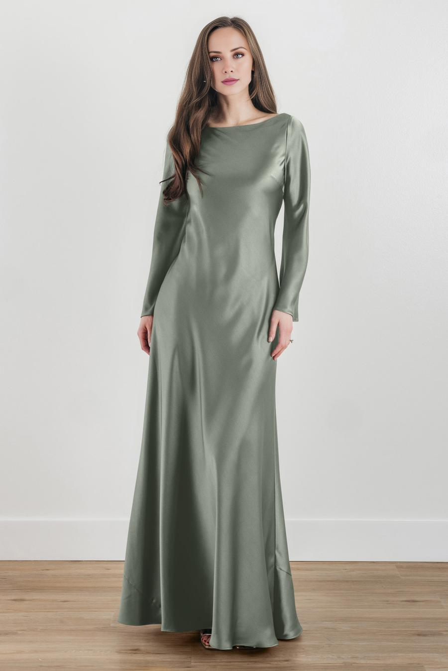Jimiss boat neckline long sleeved satin and floor length evening dress