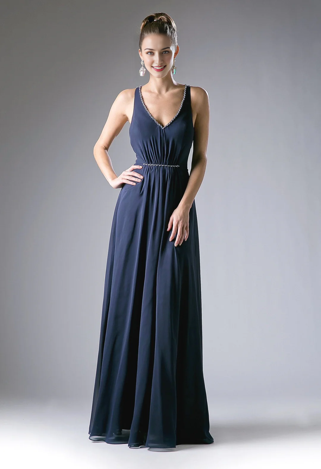 Pink Chiffon A-Line Floor-Length Dress with Ruched Bodice & Embellished V-Neck