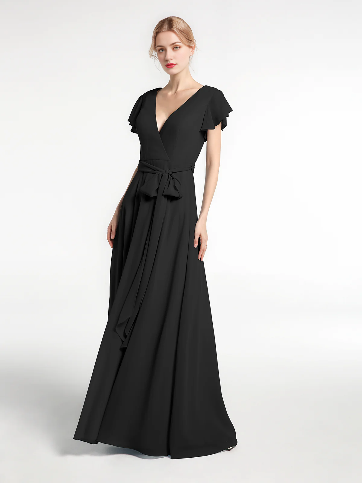 Vestido de gasa con cuello en V, capucha, mangas y lazo