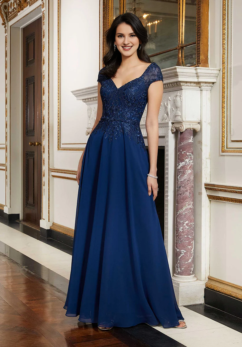 Elegant Dark Navy V-Neck A-Line Floor-Length Chiffon Dress with Lace Bodice & Cap Sleeves