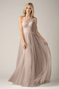 Vestido de fiesta Jimiss con escote asimétrico, sin mangas, espalda descubierta, plisado y largo hasta el suelo