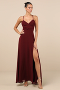 Vestido de fiesta Jimiss con escote en V, hombros descubiertos, sin mangas, tirantes finos, espalda descubierta, abertura lateral y largo hasta el suelo