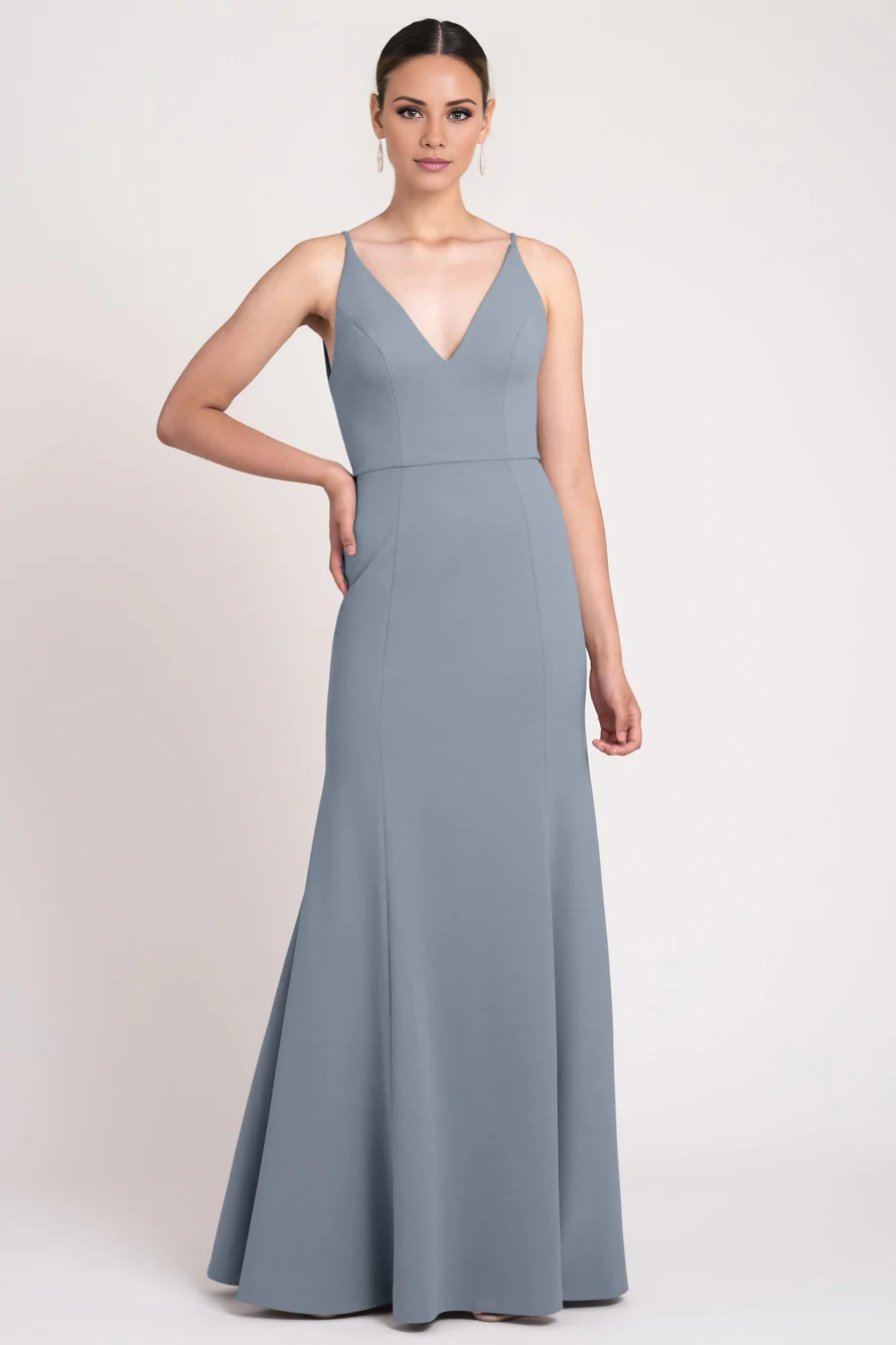Vestido de fiesta Jimiss con escote en V, hombros descubiertos, sin mangas, tirantes finos, espalda descubierta y largo hasta el suelo