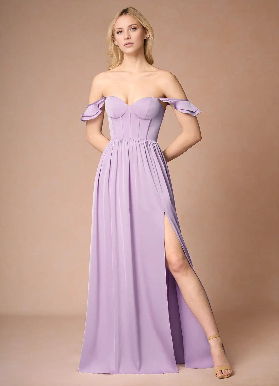 Vestido de fiesta Jimiss de corte A con hombros descubiertos, abertura lateral, espalda descubierta y largo hasta el suelo 