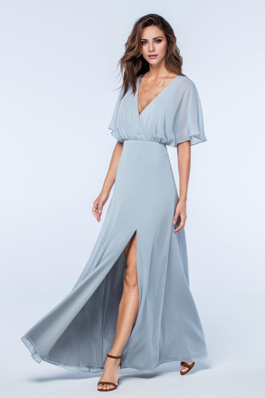 Vestido de noche Jimiss con escote en V, manga corta, espalda descubierta, abertura lateral y largo hasta el suelo