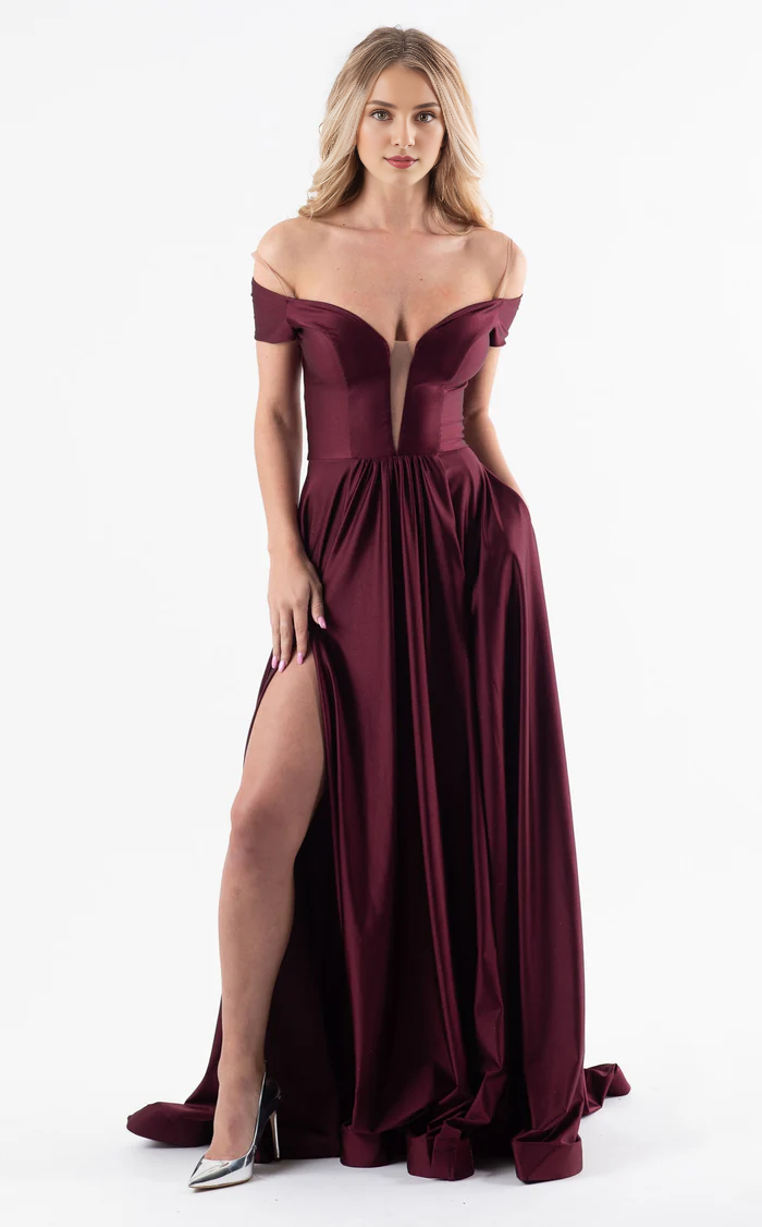 Off shoulder V-neck side slit backless and floor length Prom dress