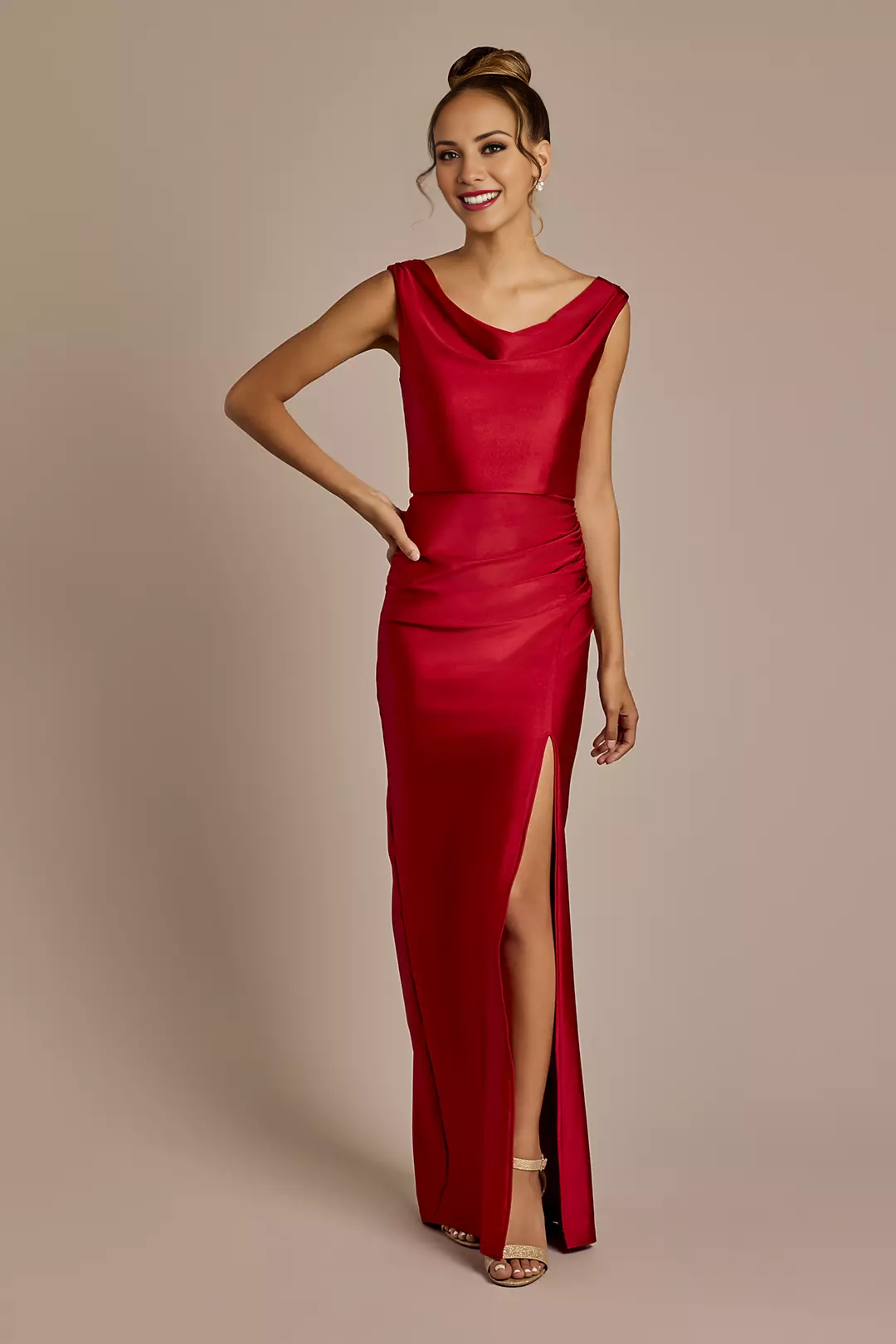 Jimiss straight neck scarf with satin neckline backless side slit and floor length Prom dress