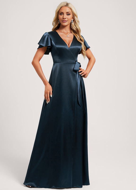 Vestido de dama de honor de satén elástico, largo hasta el suelo, con escote en V y corte A