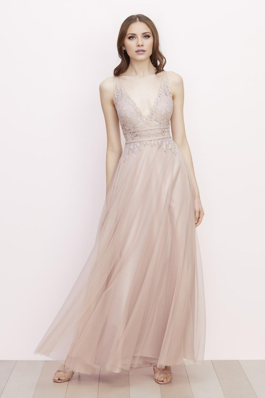Blushing Pink Tulle A-Line Floor-Length Bridesmaid Dress with V-Neck Lace Bodice