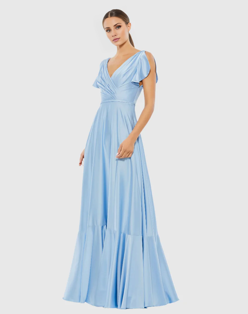 Vestido de noche largo hasta el suelo de satén con volantes, manga corta y escote en V