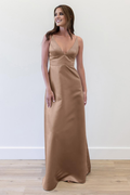 Vestido de noche Jimiss con escote en V profundo, sin mangas, abotonado, espalda descubierta y largo hasta el suelo