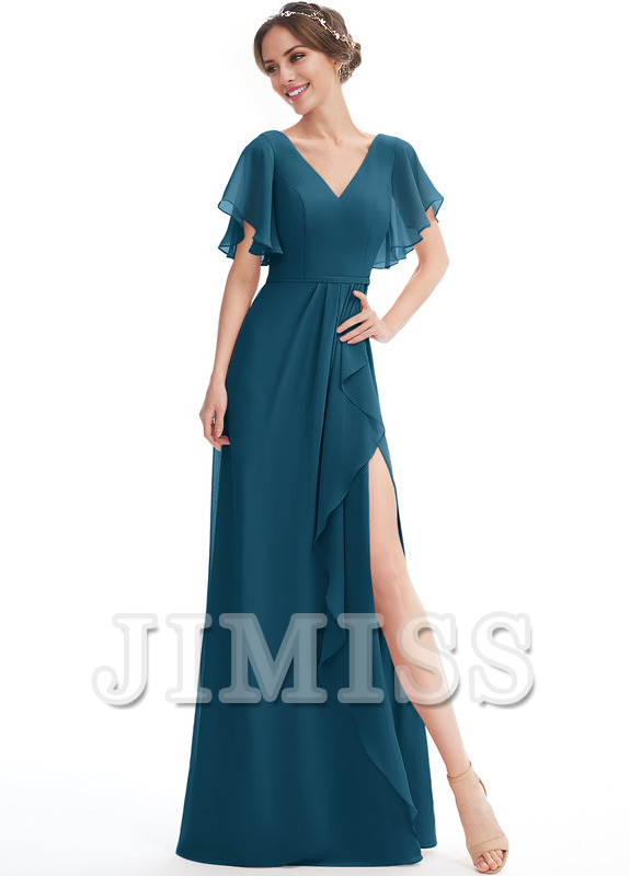 Vestido de dama de honor de gasa con volantes, escote en V y largo hasta el suelo