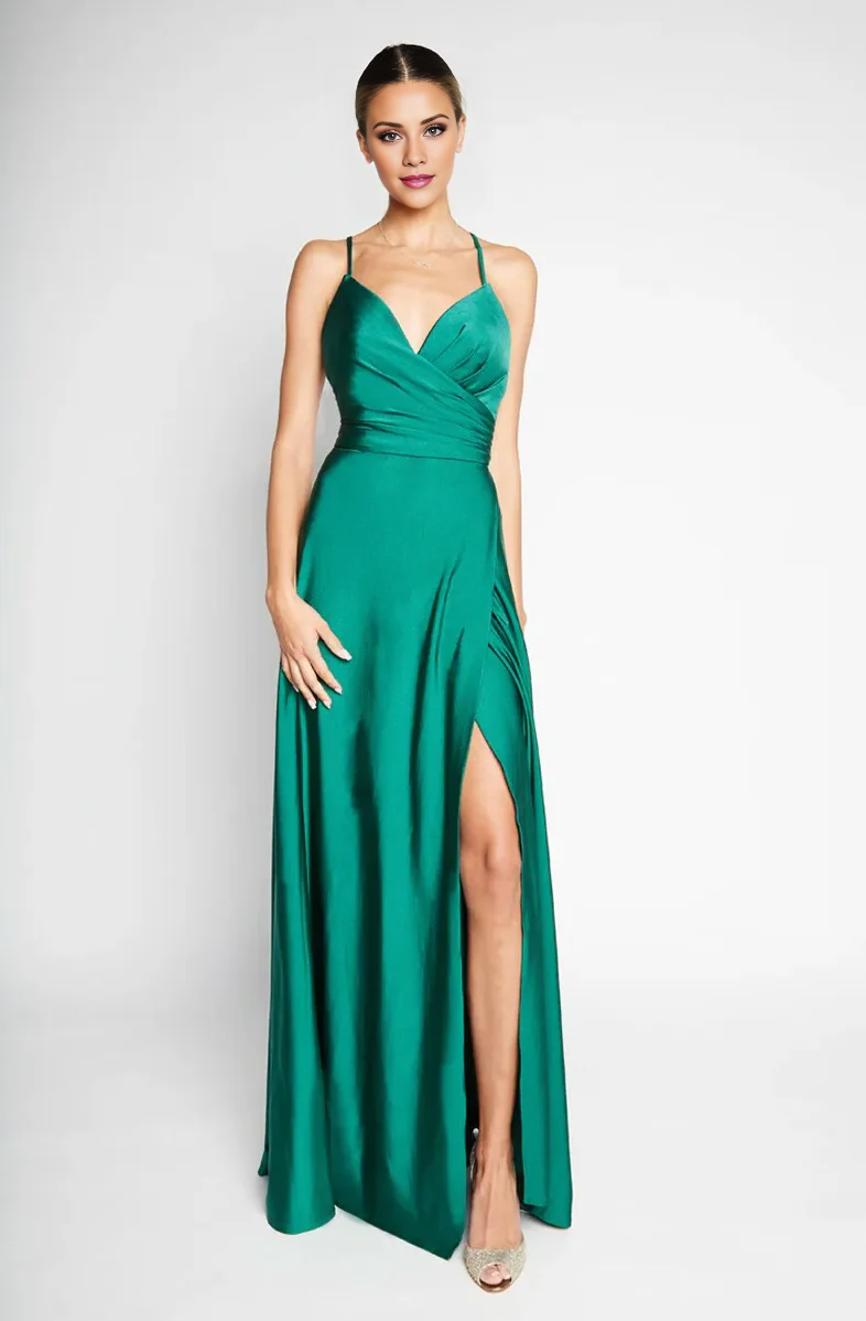 Vestido de noche Jimiss con escote en V, sin mangas, tirantes finos, espalda descubierta, abertura lateral y largo hasta el suelo