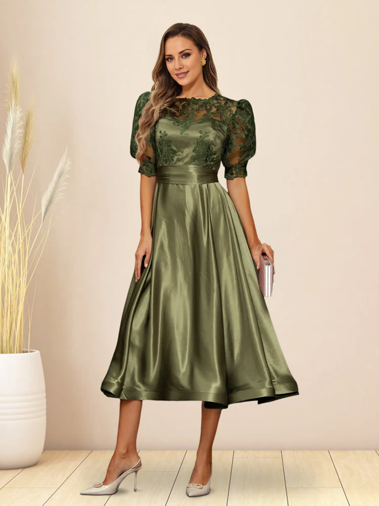 Green Satin Lace Bodice Puff Sleeve A-Line Tea-Length Evening Dress