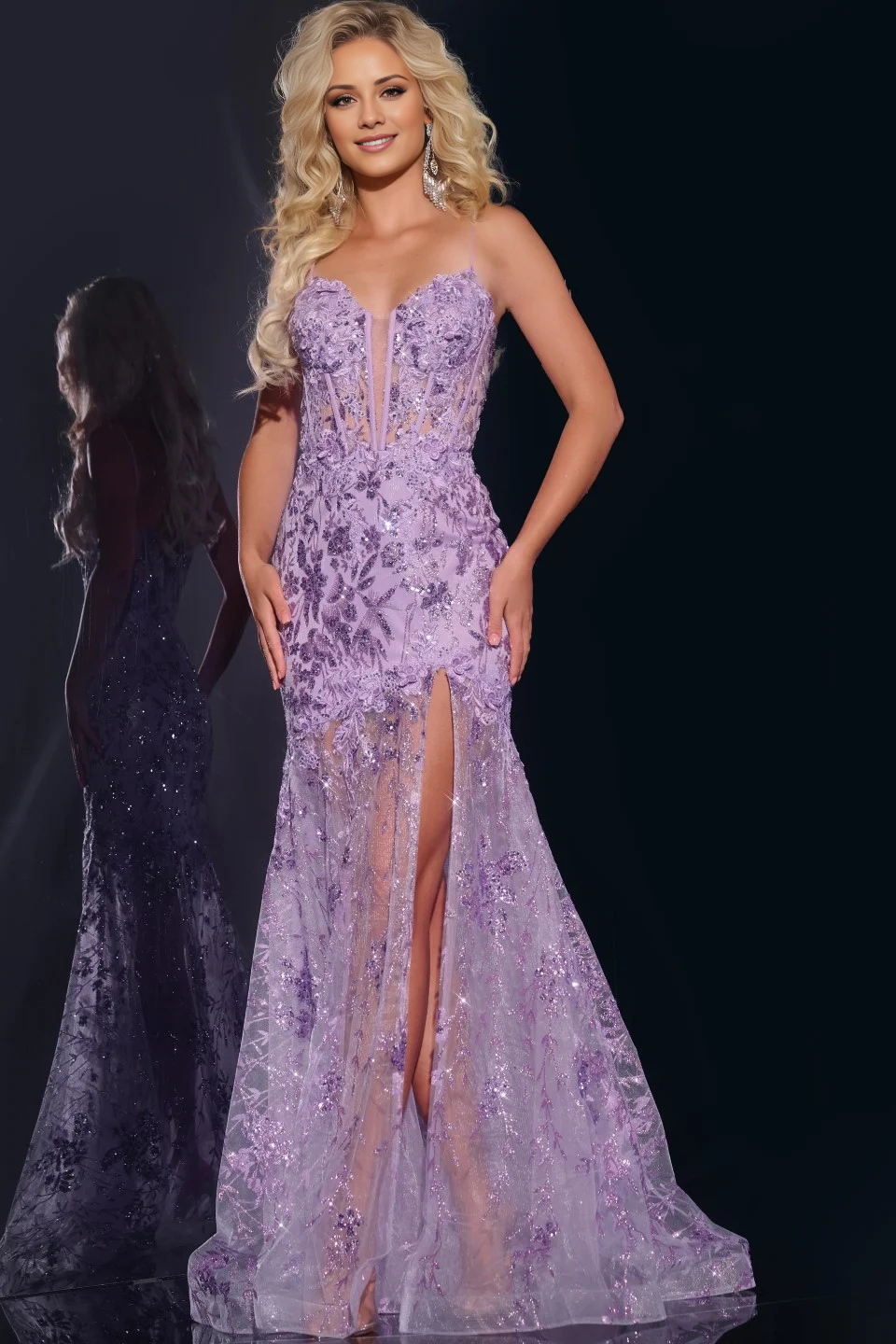 Vestido de fiesta Jimiss de corte A con tirantes finos, decoración de lentejuelas y largo hasta el suelo