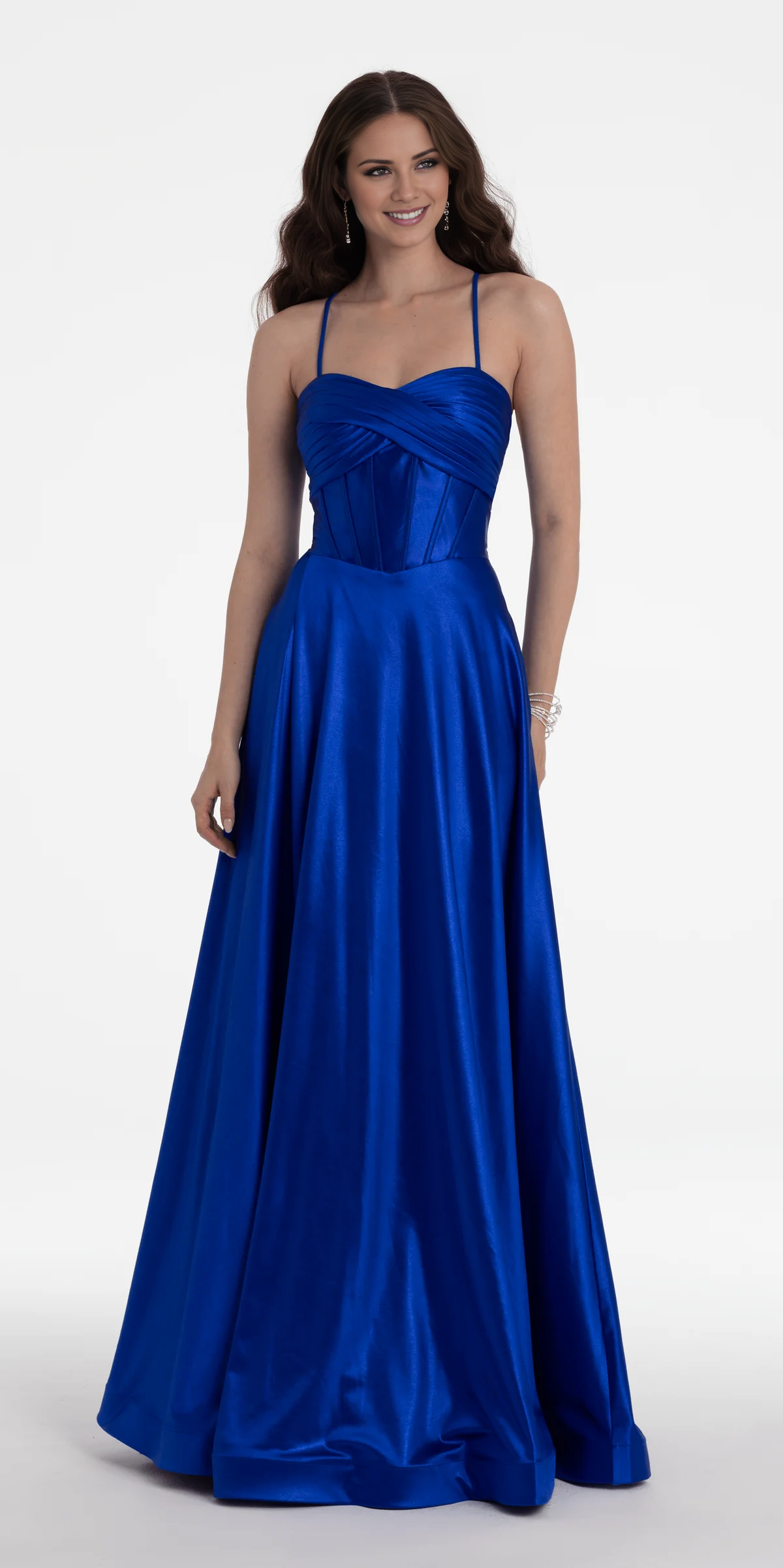 Vestido de fiesta Jimiss de satén con hombros descubiertos, tirantes finos y corsé ajustado hasta el suelo 