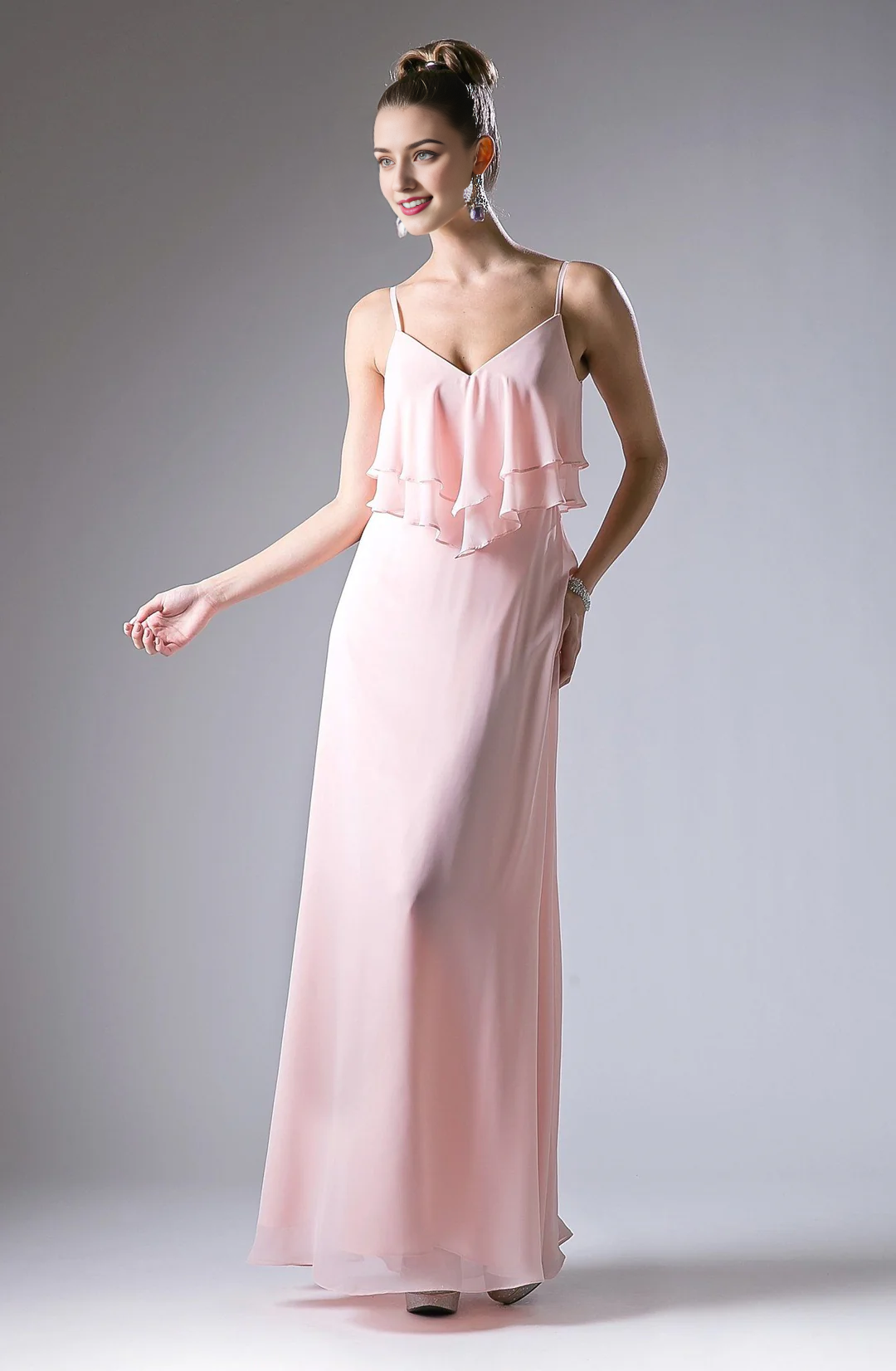 Red Chiffon A-Line V-Neck Floor-Length Bridesmaid Dress with Tiered Ruffles
