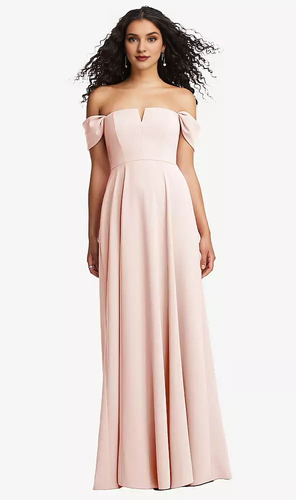 Off shoulder pleated sleeves with A-line extra long Prom dress