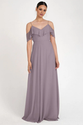 Lavender A-Line Floor-Length Bridesmaid Dress with Cold-Shoulder Ruffles & V-Neck