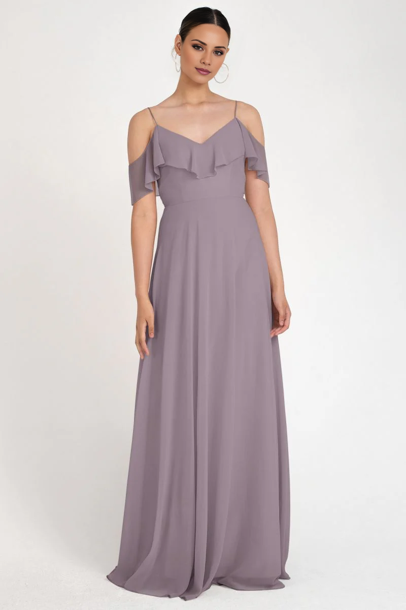 Lavender A-Line Floor-Length Bridesmaid Dress with Cold-Shoulder Ruffles & V-Neck