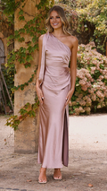 Vestido de fiesta largo Jimiss con escote de un solo hombro, espalda descubierta, pliegues laterales y abertura frontal