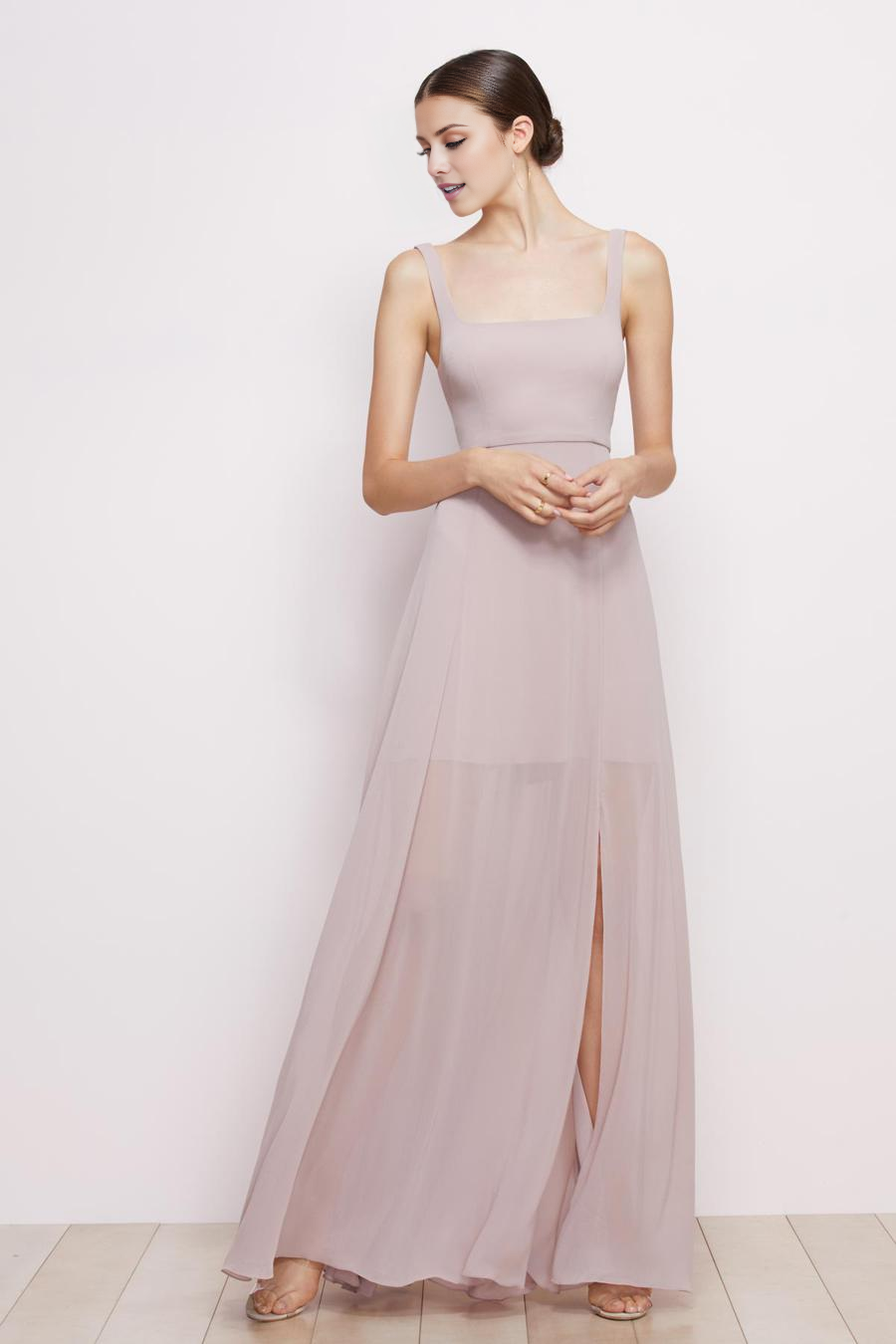 Mauve Chiffon A-Line Square Neck Floor-Length Bridesmaid Dress with Slit