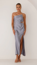 Vestido de fiesta Jimiss de un solo hombro con tirantes finos, detalles plisados, abertura lateral y largo hasta el suelo